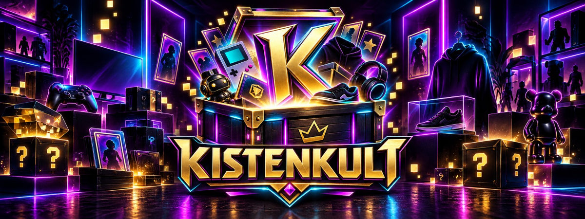 KistenKult mit Gaming, Sammelkarten und Fundstücken in Gold und Neon